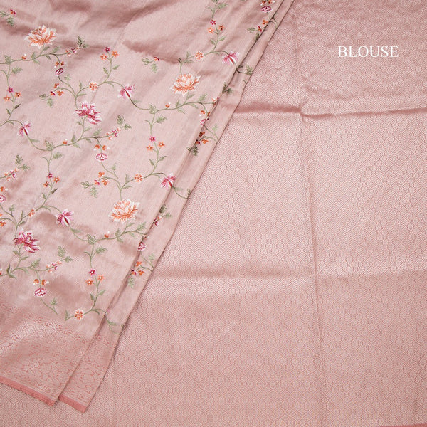 Banaras Peach Zari With Floral Thread Work Saree