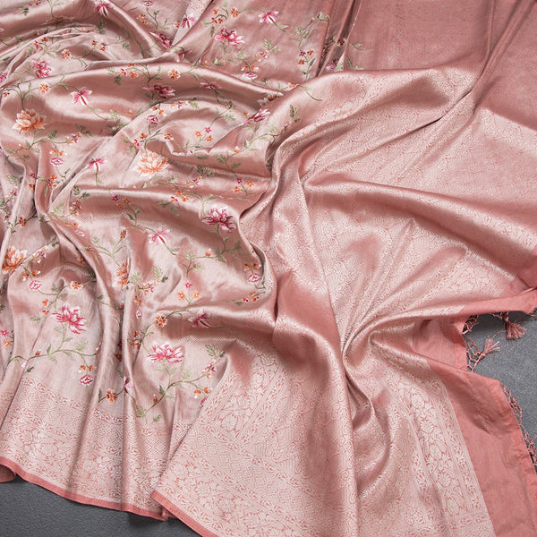 Banaras Peach Zari With Floral Thread Work Saree
