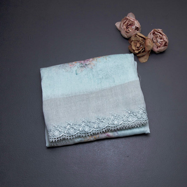 Linen Light Green Floral Printed Saree With Cut Work Border