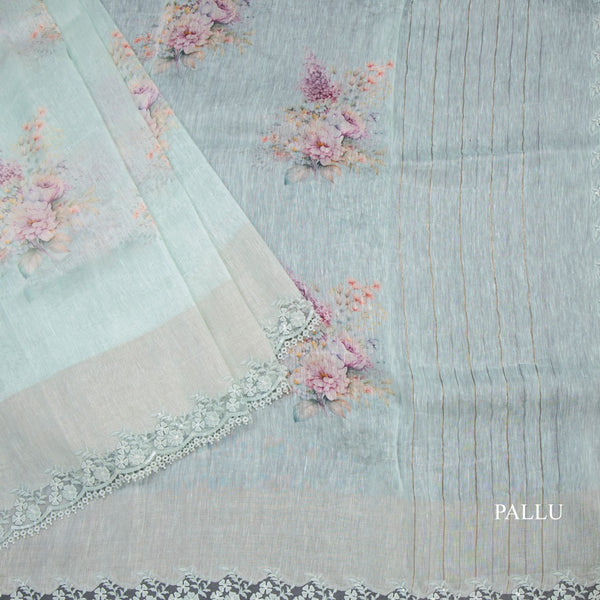 Linen Light Green Floral Printed Saree With Cut Work Border