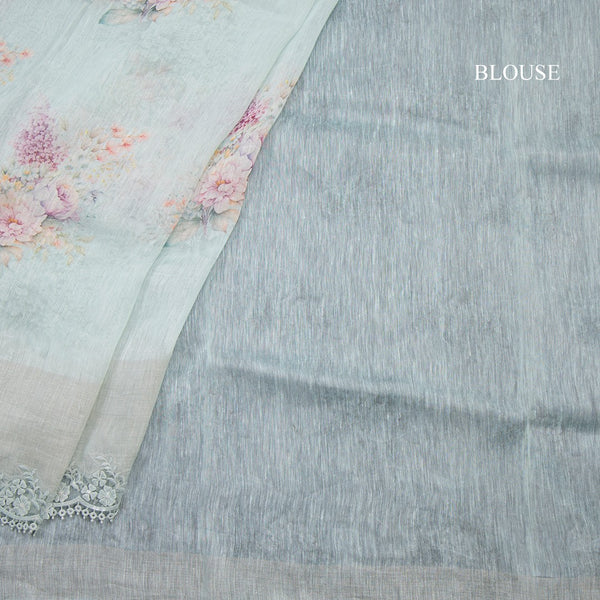 Linen Light Green Floral Printed Saree With Cut Work Border