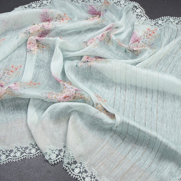 Linen Light Green Floral Printed Saree With Cut Work Border