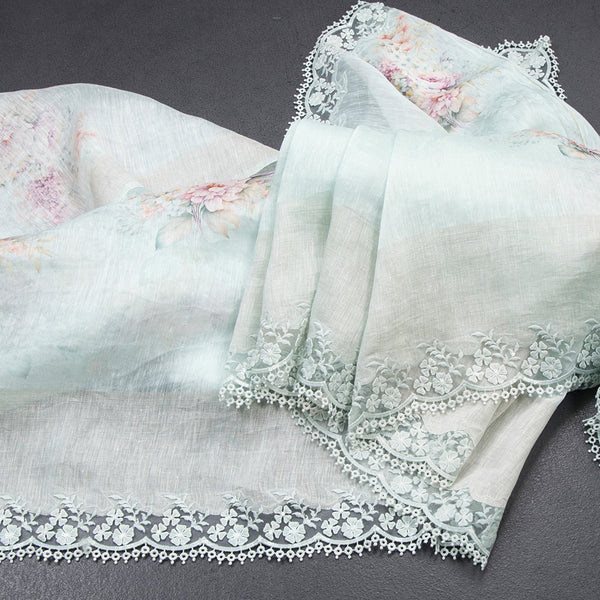 Linen Light Green Floral Printed Saree With Cut Work Border