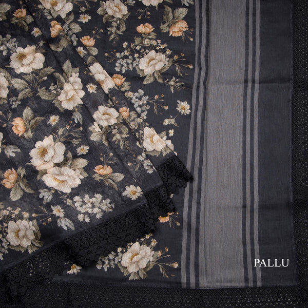 Linen Black Floral Printed Saree With Cut Work Border