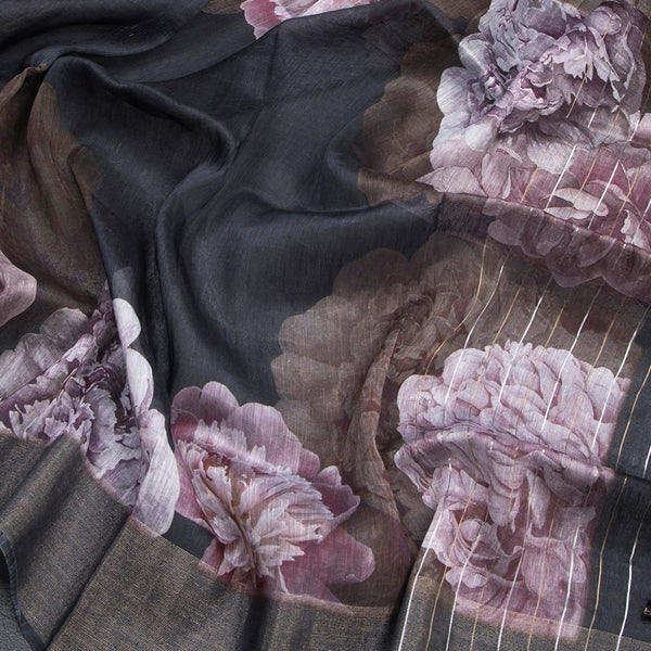 Linen Black Floral Printed Saree With Zari Border