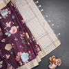 Raw Silk Wine Colour Floral Printed Saree With Thread Border