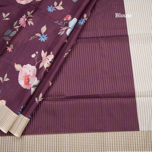 Raw Silk Wine Colour Floral Printed Saree With Thread Border