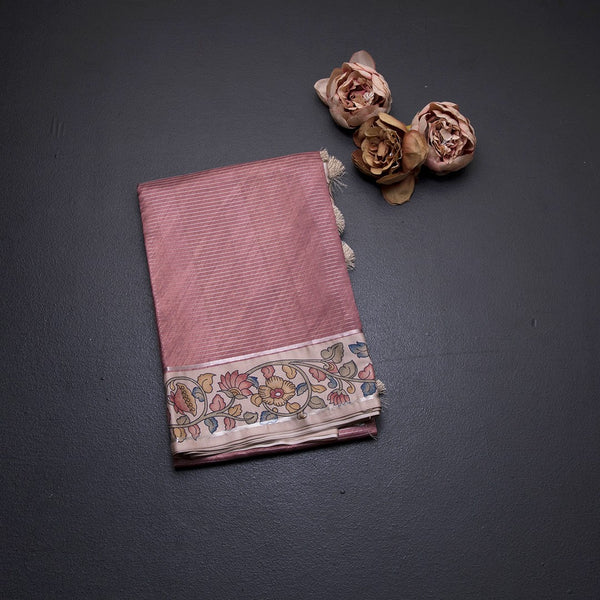 Raw Silk Rose Wood Pink Zari Stripes Saree With Printed Border