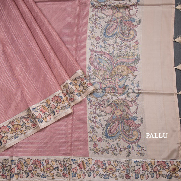 Raw Silk Rose Wood Pink Zari Stripes Saree With Printed Border