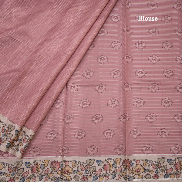 Raw Silk Rose Wood Pink Zari Stripes Saree With Printed Border