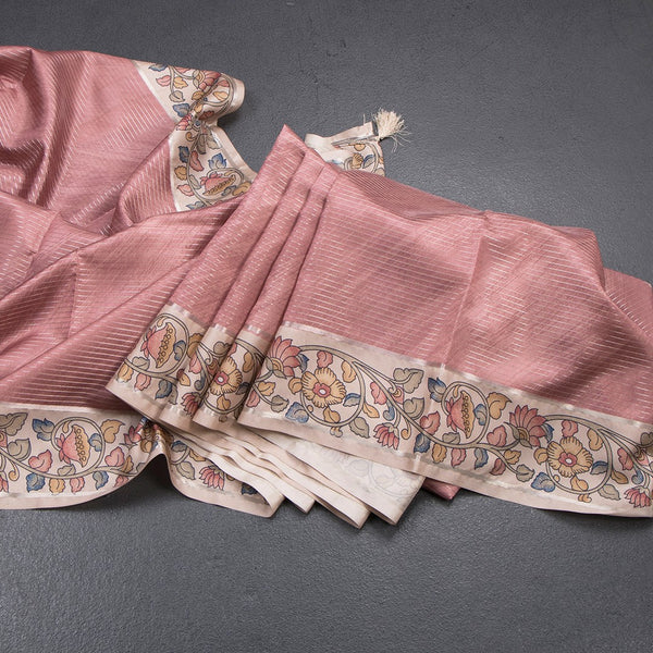 Raw Silk Rose Wood Pink Zari Stripes Saree With Printed Border