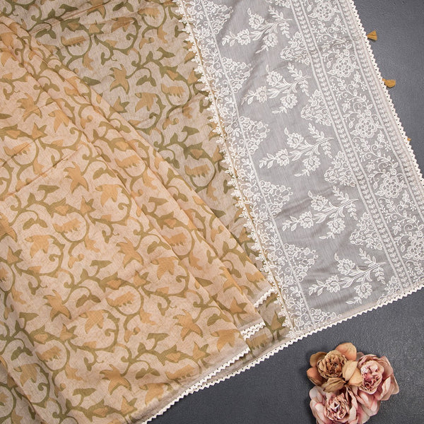 Semi Linen Sandal Floral Printed Saree