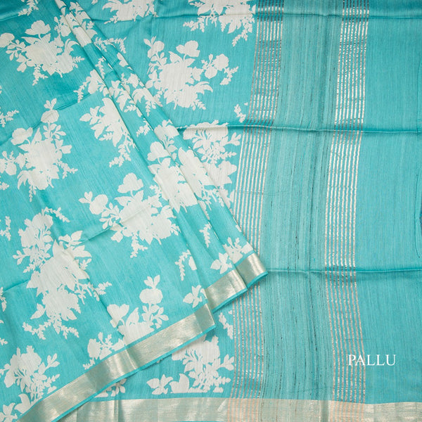 Pure Tussar Turquoise Blue Floral Printed Saree With Zari Border