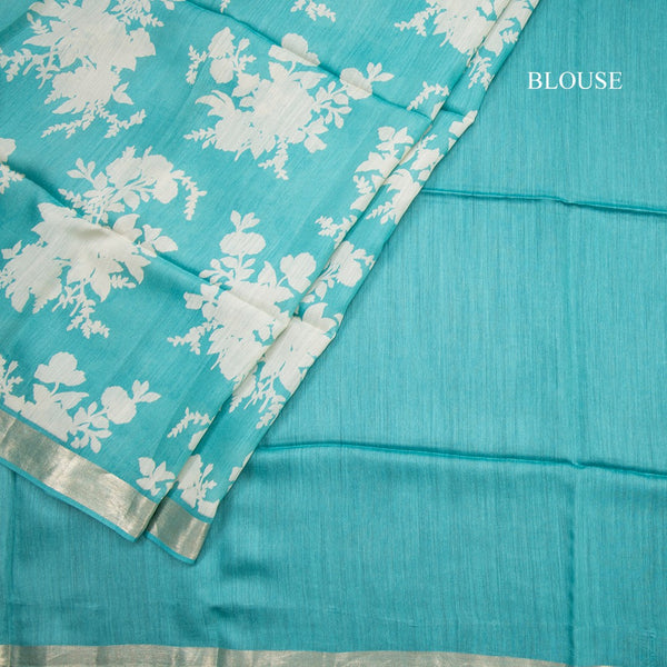 Pure Tussar Turquoise Blue Floral Printed Saree With Zari Border