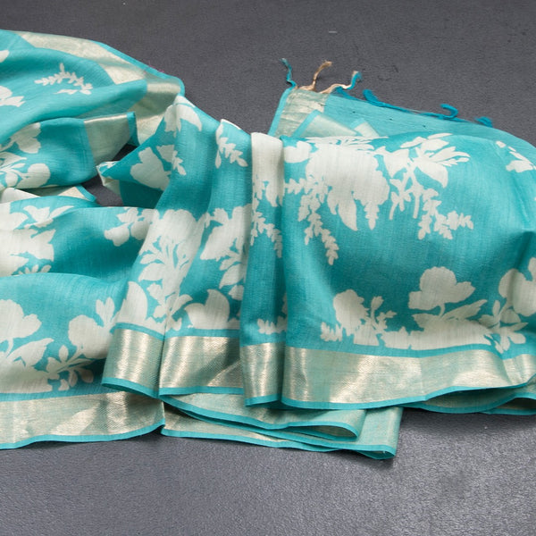 Pure Tussar Turquoise Blue Floral Printed Saree With Zari Border