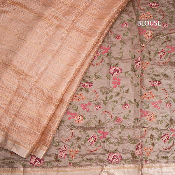 Tissue Banarasi Peach Zari Stripes Saree With Floral Thread Work Blouse