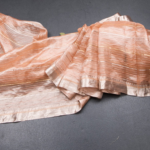 Tissue Banarasi Peach Zari Stripes Saree With Floral Thread Work Blouse