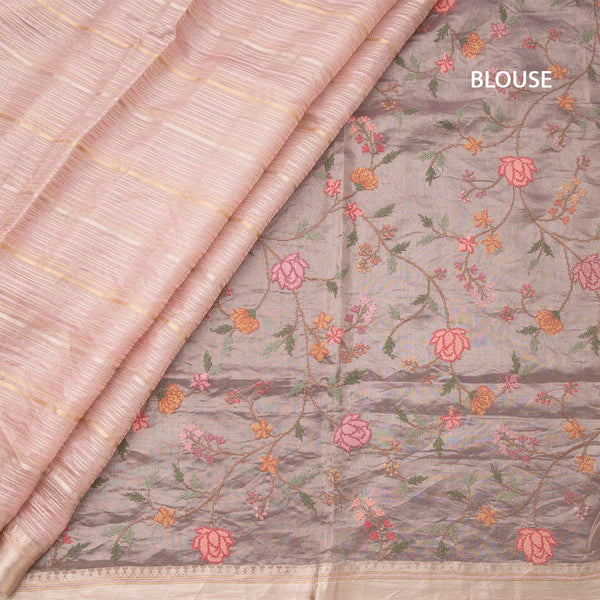 Tissue Banarasi Onion Pink Zari Stripes Saree With Floral Thread Work Blouse