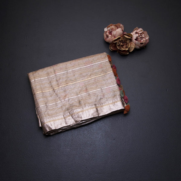 Tissue Banarasi Light Brown Zari Stripes Saree With Floral Thread Work Blouse