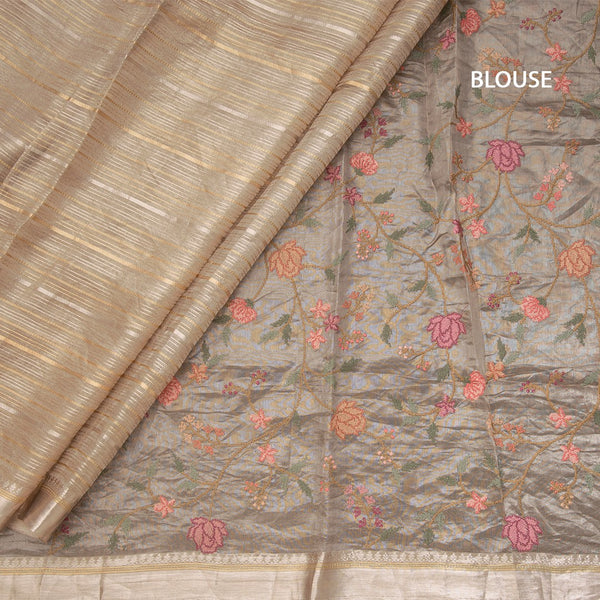 Tissue Banarasi Light Brown Zari Stripes Saree With Floral Thread Work Blouse