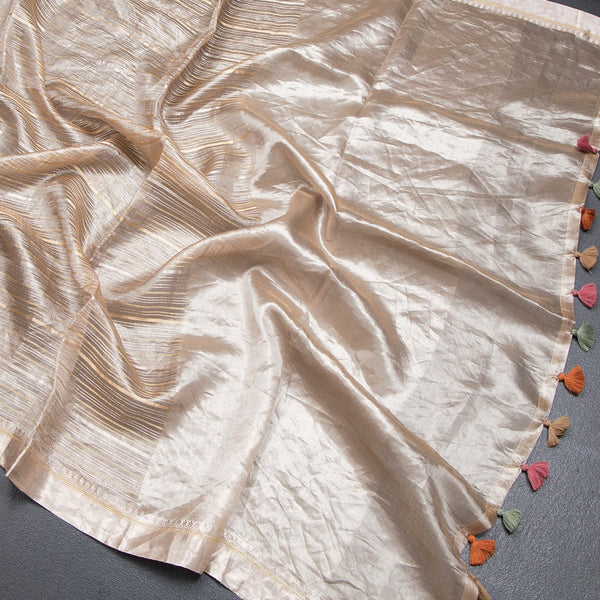 Tissue Banarasi Light Brown Zari Stripes Saree With Floral Thread Work Blouse