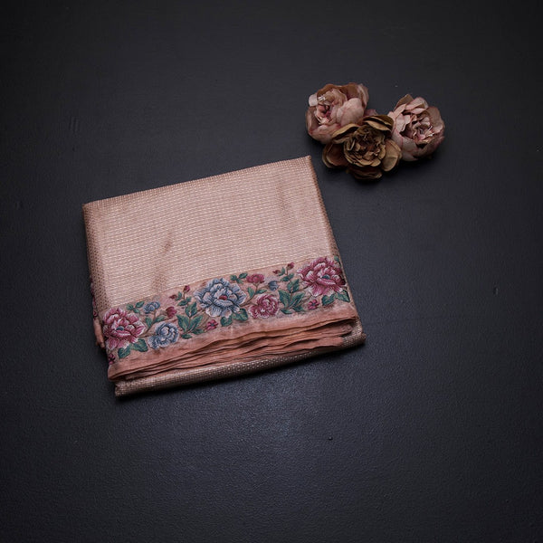 Banarasi Peach Zari Worked Saree With Floral Thread Work Border