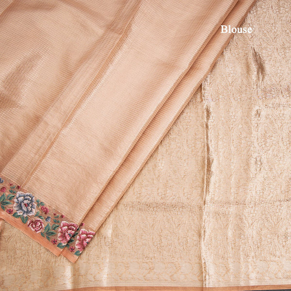 Banarasi Peach Zari Worked Saree With Floral Thread Work Border
