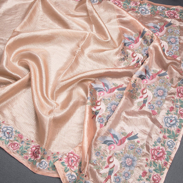 Banarasi Peach Zari Worked Saree With Floral Thread Work Border