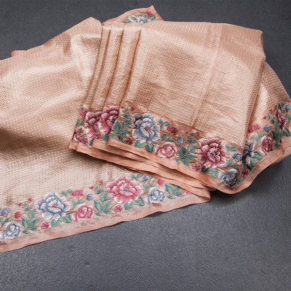 Banarasi Peach Zari Worked Saree With Floral Thread Work Border