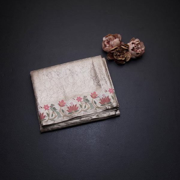 Banarasi Cream Zari Worked Saree With Thread Embroidered Border