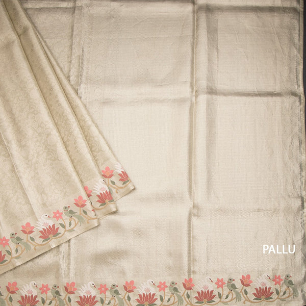 Banarasi Cream Zari Worked Saree With Thread Embroidered Border