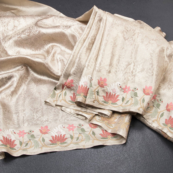 Banarasi Cream Zari Worked Saree With Thread Embroidered Border