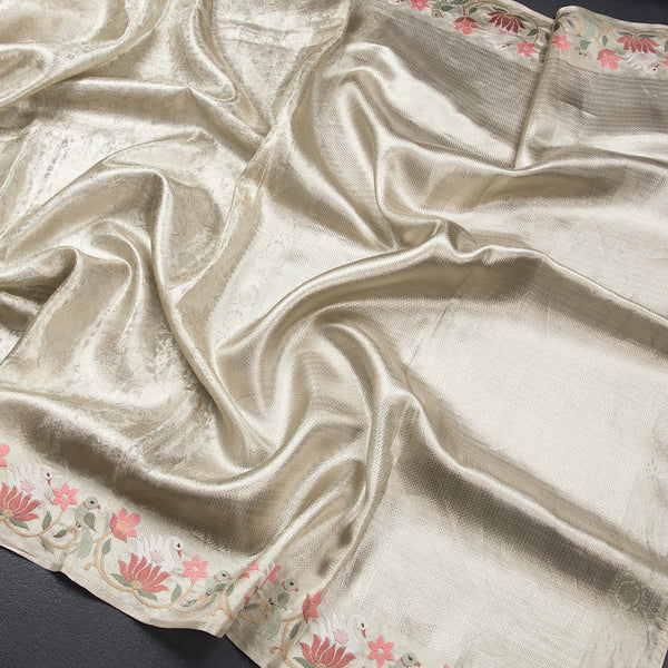 Banarasi Light Pista Green Zari Worked Saree With Thread Embroidered Border