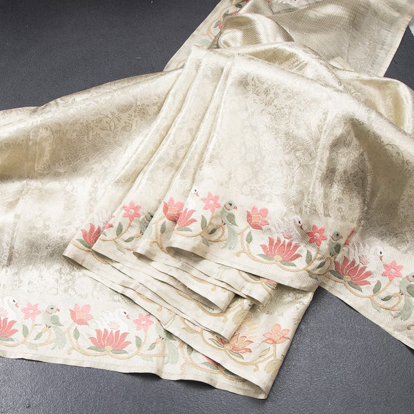 Banarasi Light Pista Green Zari Worked Saree With Thread Embroidered Border