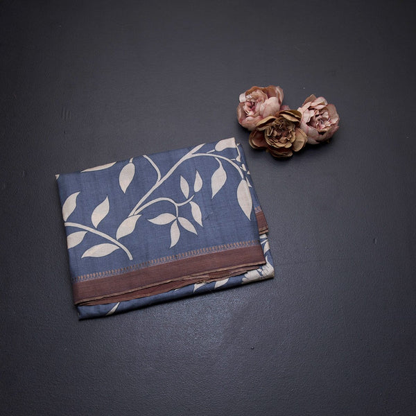 Pure Tussar Greyish Blue Printed Saree With Ribbon Border