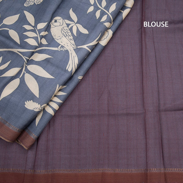 Pure Tussar Greyish Blue Printed Saree With Ribbon Border