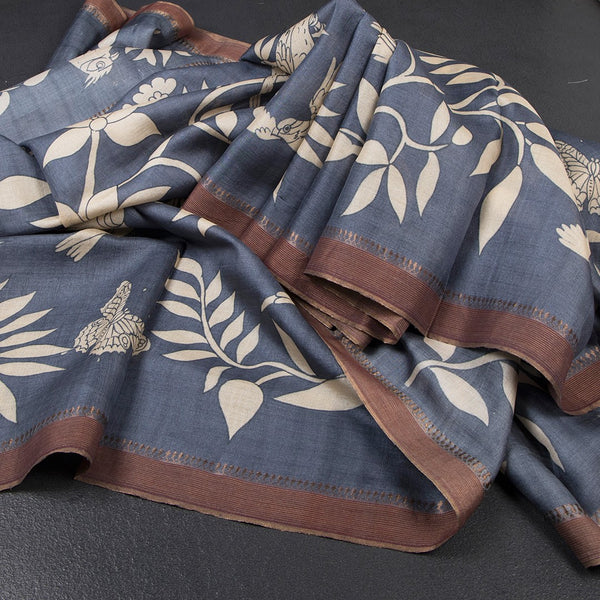 Pure Tussar Greyish Blue Printed Saree With Ribbon Border