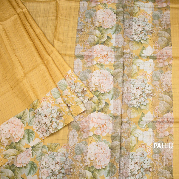 Pure Tussar Yellow Checked Saree With Floral Printed Border