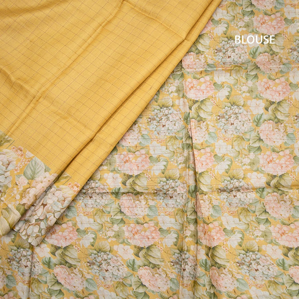 Pure Tussar Yellow Checked Saree With Floral Printed Border