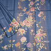 Pure Tussar Blue Checked Saree With Floral Printed Border