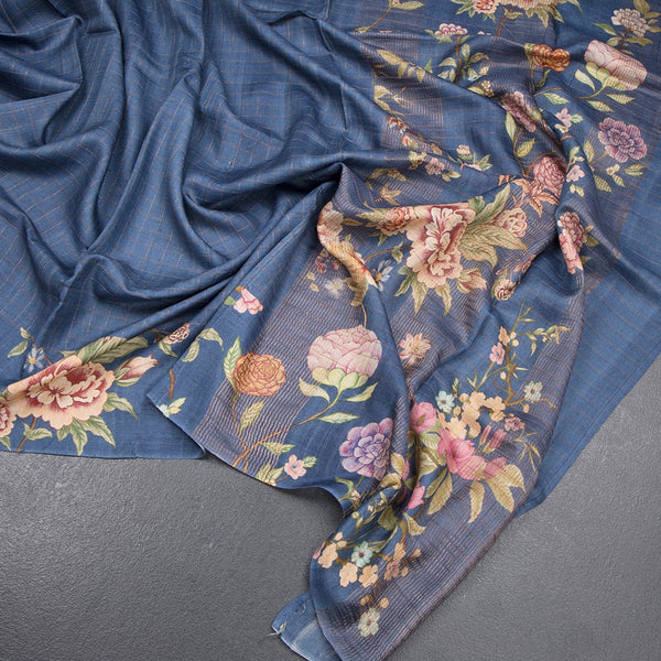 Pure Tussar Blue Checked Saree With Floral Printed Border