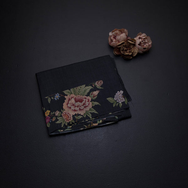 Pure Tussar Black Checked Saree With Floral Printed Border