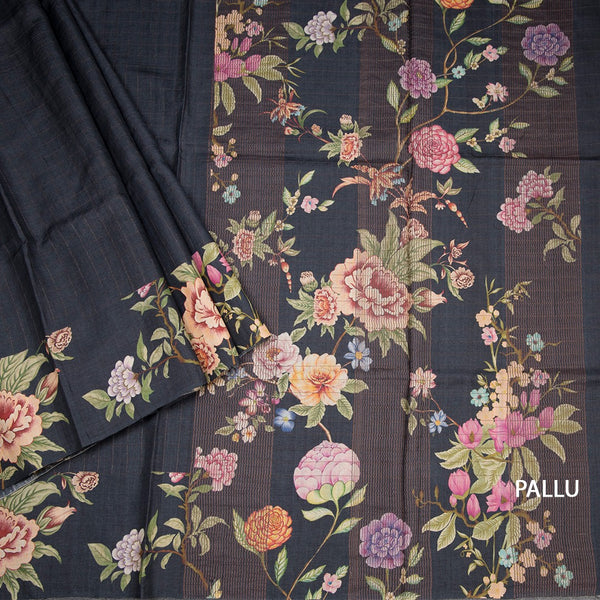 Pure Tussar Black Checked Saree With Floral Printed Border