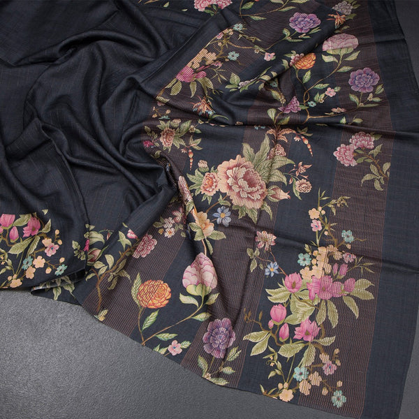 Pure Tussar Black Checked Saree With Floral Printed Border