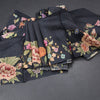 Pure Tussar Black Checked Saree With Floral Printed Border