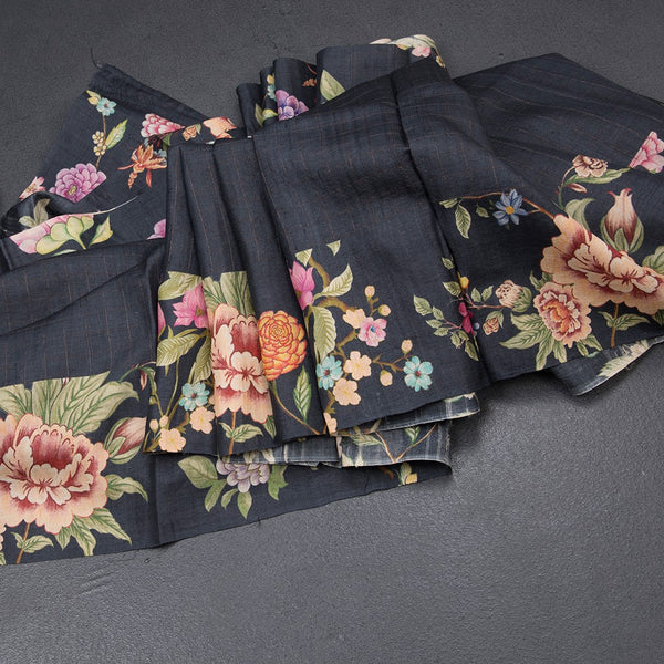 Pure Tussar Black Checked Saree With Floral Printed Border