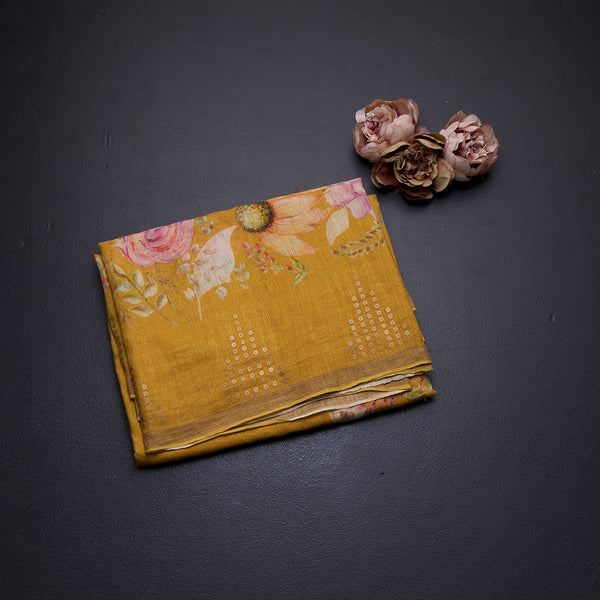 Linen Mango Yellow Floral Printed Saree With Ribbon Border