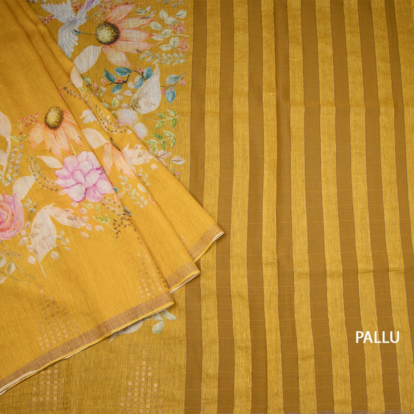 Linen Mango Yellow Floral Printed Saree With Ribbon Border