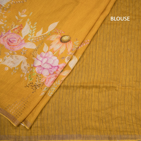 Linen Mango Yellow Floral Printed Saree With Ribbon Border