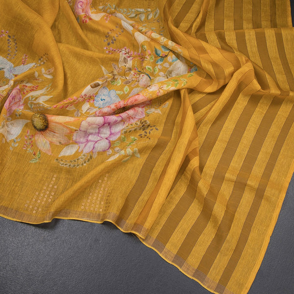 Linen Mango Yellow Floral Printed Saree With Ribbon Border